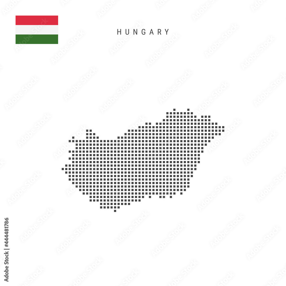 Square dots pattern map of Hungary. Hungarian dotted pixel map with flag. Vector illustration