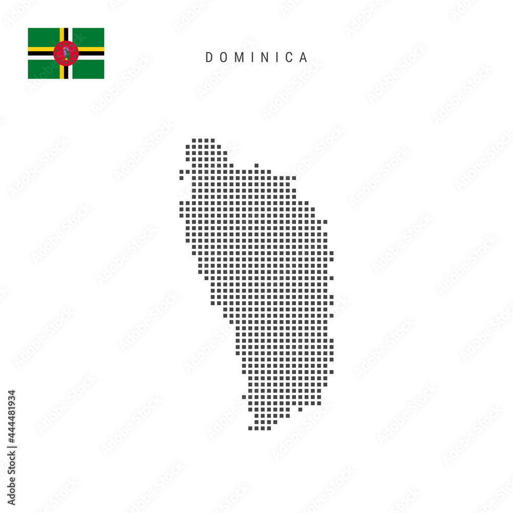Square dots pattern map of Dominica. Dominica dotted pixel map with flag. Vector illustration