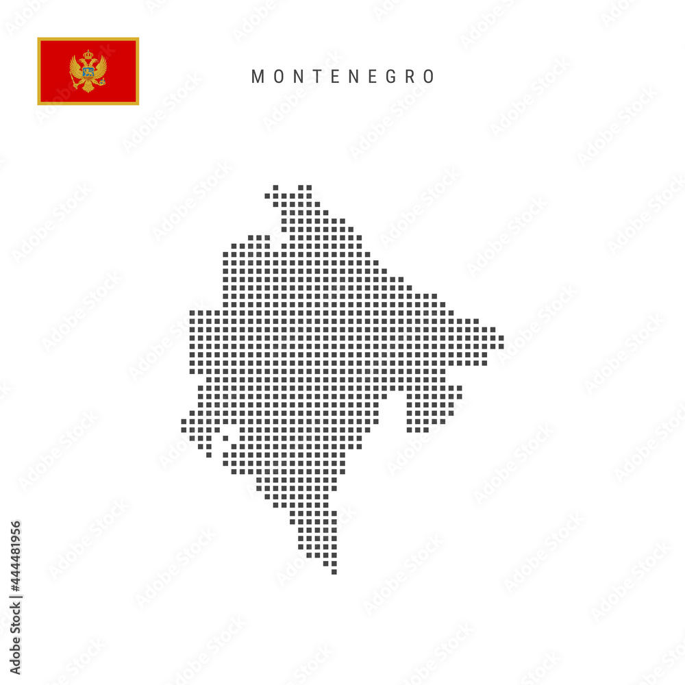 Square dots pattern map of Montenegro. Montenegrin dotted pixel map with flag. Vector illustration