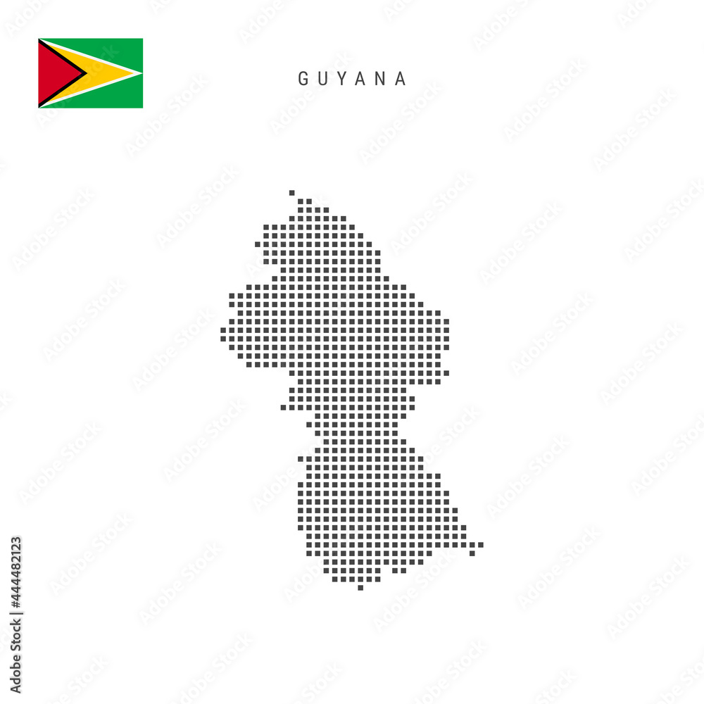 Square dots pattern map of Guyana. Guyanese dotted pixel map with flag. Vector illustration