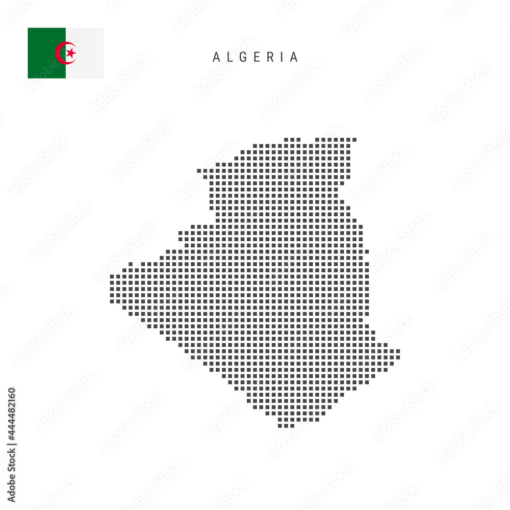 Square dots pattern map of Algeria. Algerian dotted pixel map with flag. Vector illustration