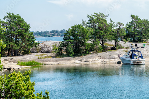 A boat has moored at a very nice island in the St. Anna archipelago in the Baltic Sea, Sweden