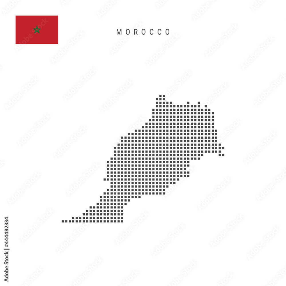 Square dots pattern map of Morocco. Moroccan dotted pixel map with flag. Vector illustration