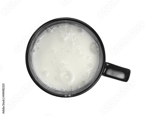 cup of fresh milk isolated on white background. Top view.