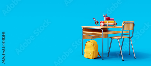 Photographie School desk with school accessory and yellow backpack on blue background 3D Rend