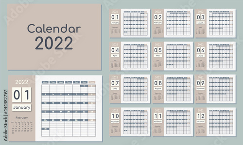 Calendar planner for 2022, horizontal. The beginning of the week is on Monday. Template with a cover size A4 A3 A2 A5.