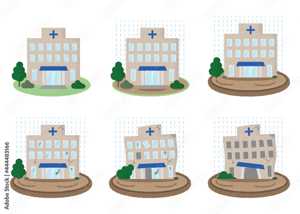 Obraz premium 水害に遭う病院のベクターイラストセット