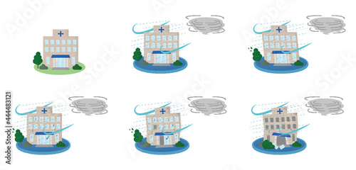 台風の被害に遭う病院のベクターイラストセット