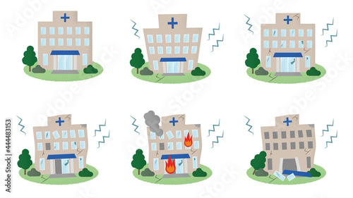 地震の被害に遭う病院のベクターイラストセット