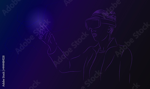 Portrait of young Caucasian woman using augmented and virtual reality with holographic hololens glasses. Pink, magenta and blue blurred background. Future technology concept. photo