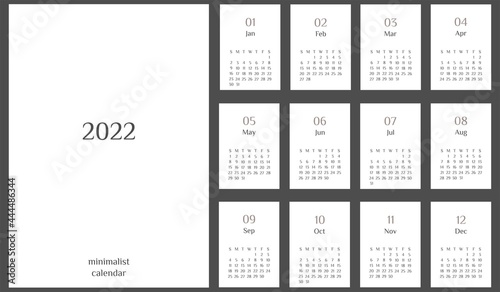 Vector illustration. Minimalist calendar 2022 template. Week Starts on Sunday. Calendar on white background