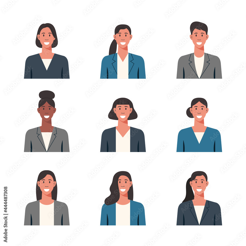 People portraits of businesswoman, female faces avatars isolated icons set, vector flat illustration People portraits of businesswoman, female faces avatars isolated icons set, vector flat illustration