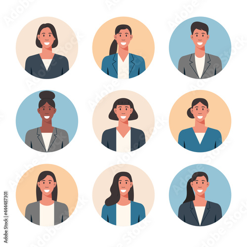 People portraits of businesswoman, female faces avatars isolated at round icons set, vector flat illustration