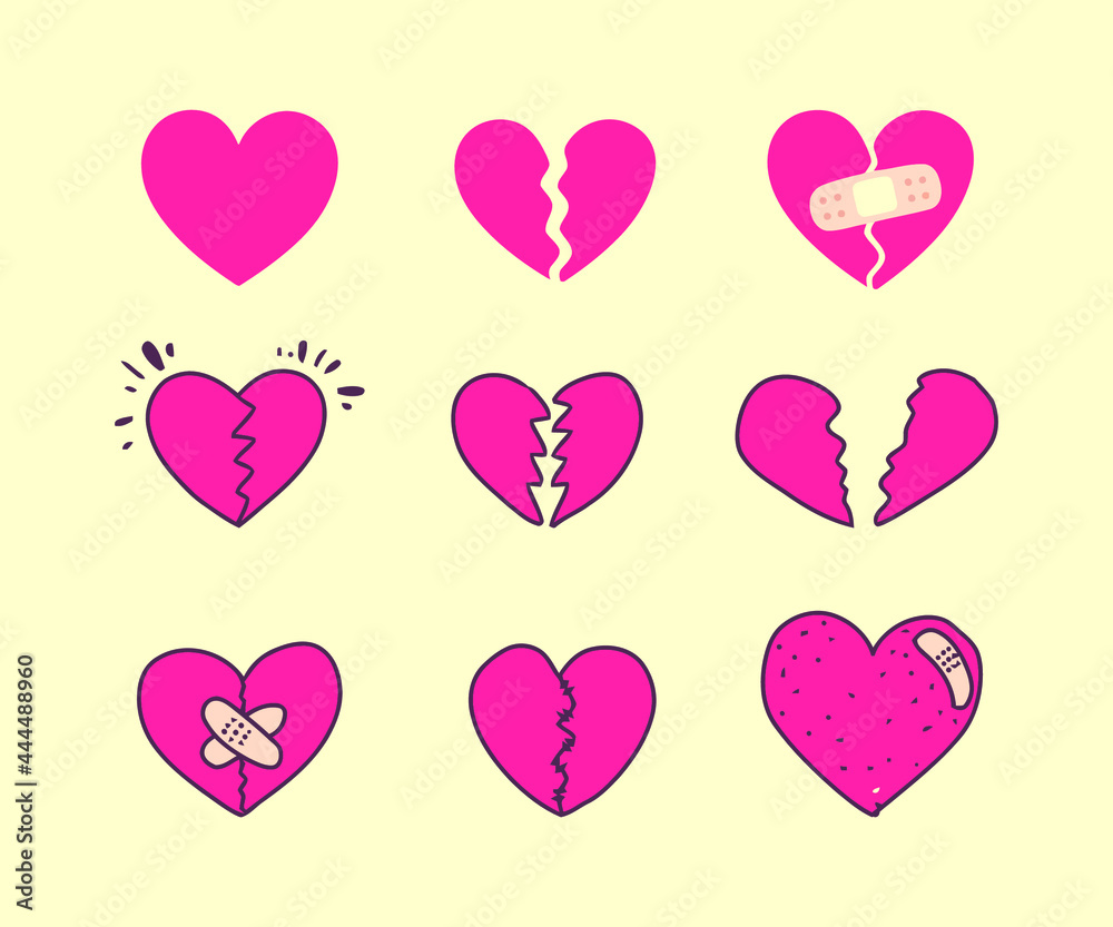 Cartoon Heart Set, Broken Heart and Crack Fixed with Bandage. Breakup and Heartbreak symbol.