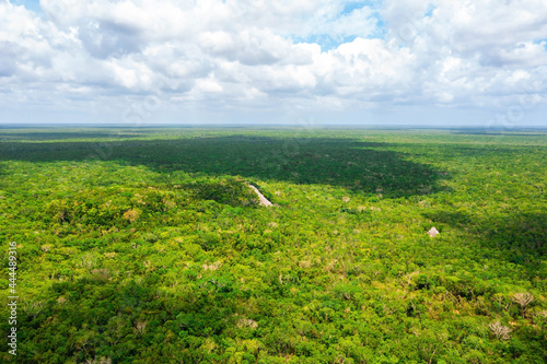 Aerial view of the Coba pyramid lost in the middle of a jungle. Chichen Itza pyramid aerial view near Tulum. photo