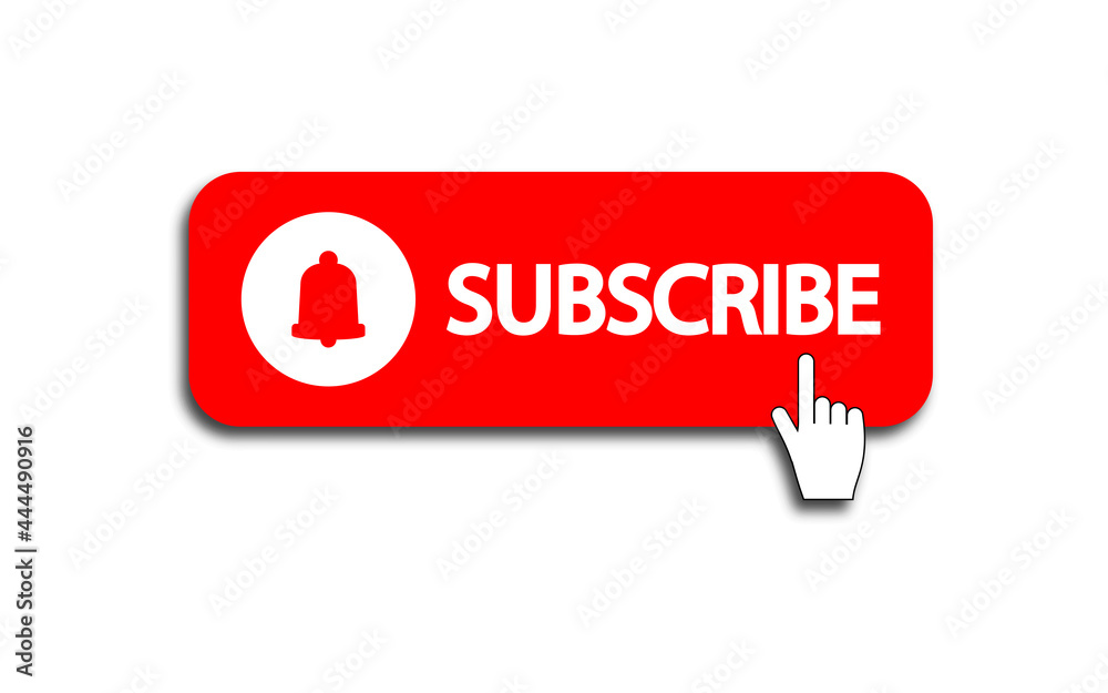 SUBSCRIBE BUTTON icon - button red color with bell and hand on white background. YouTube channel. Vector illustration.
SUBSCRIBE BUTTON icon - button red color with bell and hand on white background. YouTube channel. Vector illustration.