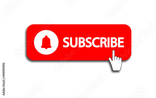 SUBSCRIBE BUTTON icon - button red color with  bell and hand on white background. YouTube channel. Vector illustration.
