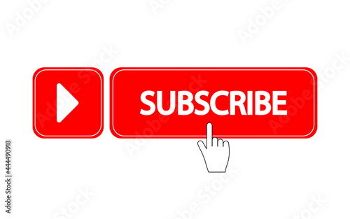 SUBSCRIBE BUTTON icon - button red color with  bell and hand on white background. YouTube channel. Vector illustration.
