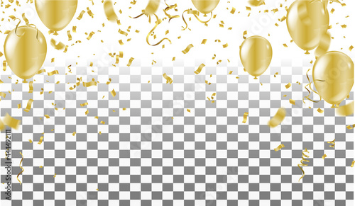 Gold balloons, Festive confetti and streamers on background. Vector illustration