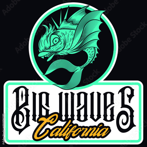 illustration of fish in surf style with text and cool background
