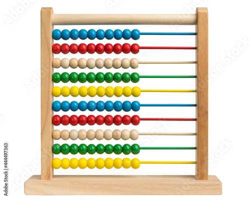 Abacus with colored beads. Abacus with colorful wooden beads on White isolated background. Beads of 1 to 10 colors. School education. Calculator for preschool maths. Blue  red  green  yellow colors.