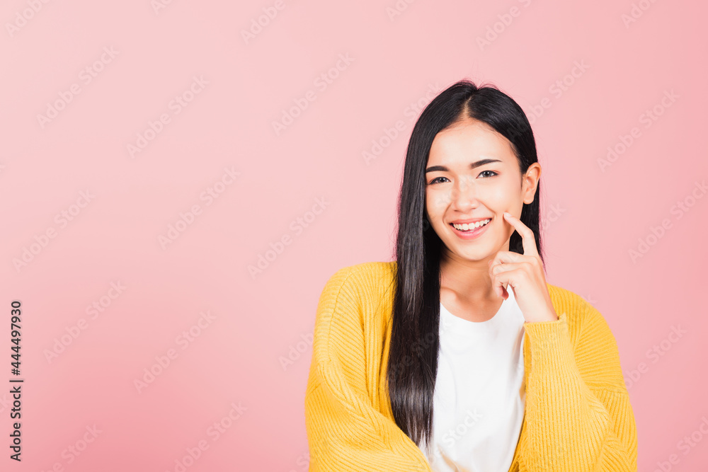Portrait Asian beautiful young woman smiling standing chin handle relaxed thinking about something about the question studio shot isolated on pink background, Thai female idea think with copy space Portrait Asian beautiful young woman smiling standing chin handle relaxed thinking about something about the question studio shot isolated on pink background, Thai female idea think with copy space