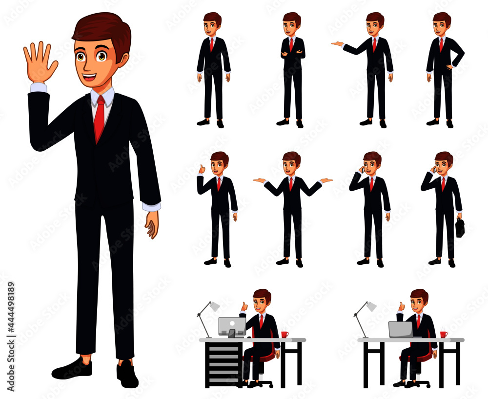 Happy cute businessman character with different pose doing different actions Happy cute businessman character with different pose doing different actions