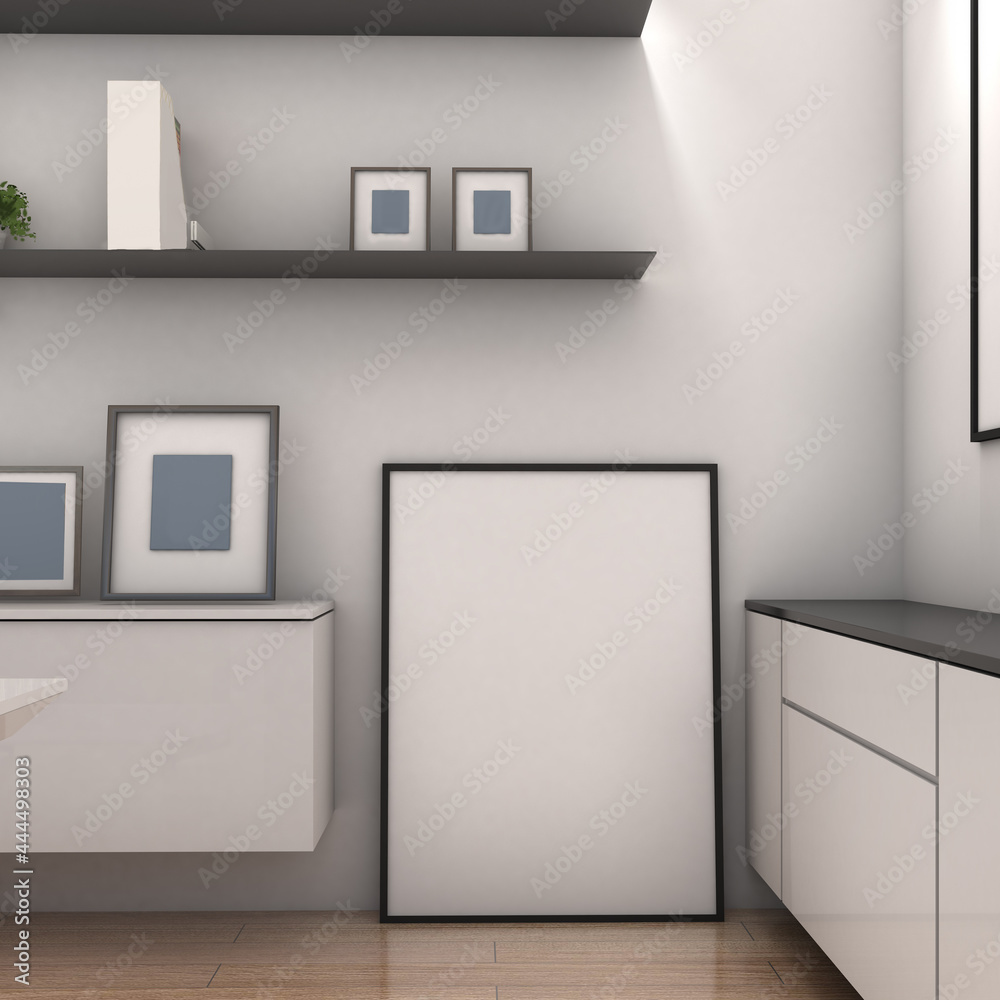 Mock up frame in working room ,Interior modern style,Mockup poster,3d rendering,3d illustration Mock up frame in working room ,Interior modern style,Mockup poster,3d rendering,3d illustration