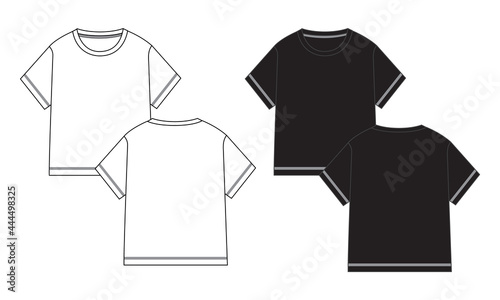Basic Tee shirt overall technical fashion flat drawing template. Blank flat Short sleeve t-Shirt design for kids White and black vector illustration Front and Back View.