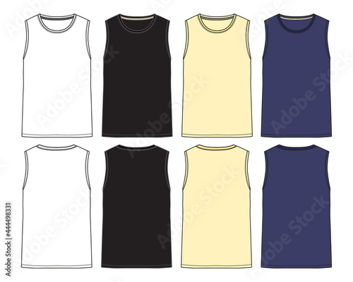 Sleeveless Tank Top Overall technical drawing fashion flat Sketch vector template front and back view. White, black, yellow and navy blue color mock up easy edit and customizable.
