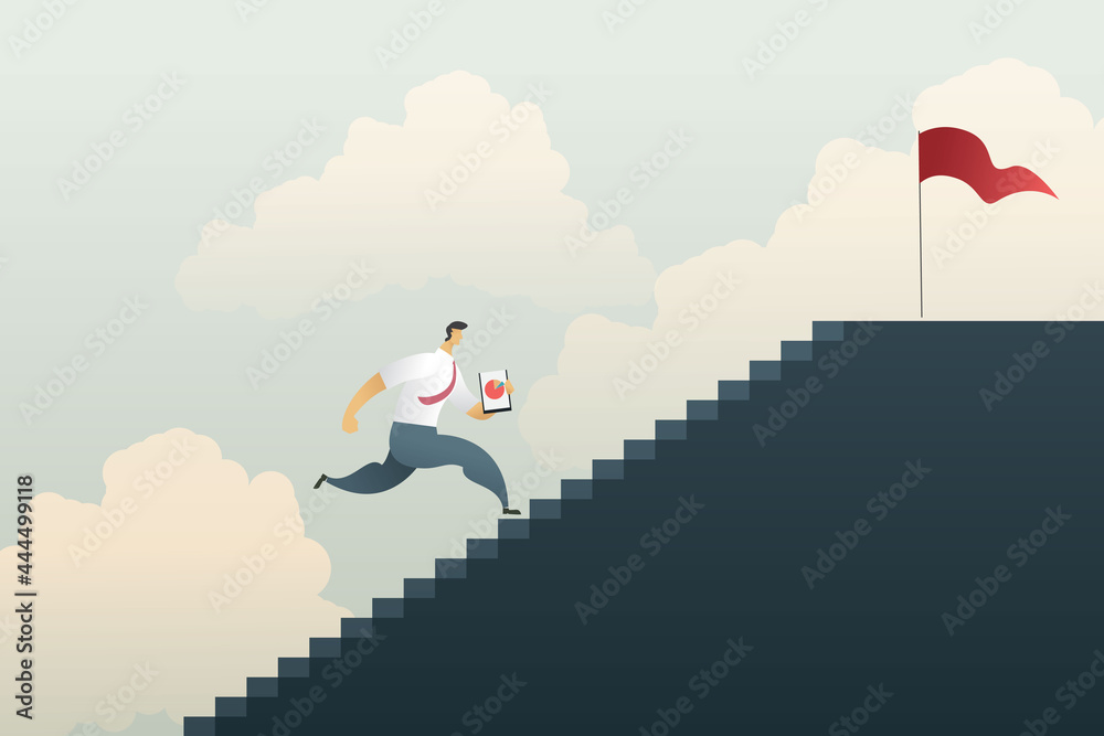 business man holding a pie chart Running up the dark gray stairs to the top with a red flag in the sky in the background. techniques, graphics, illustrations