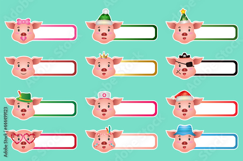 Set of cute pig sticker labels name or tags collection