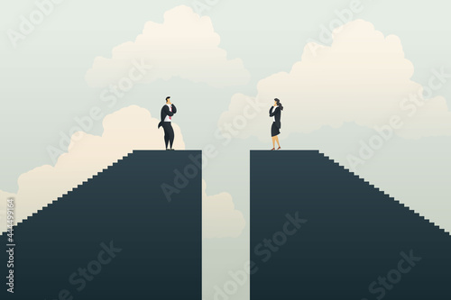 Businessman, businesswoman stand on different sides, looking investment and growth opportunities. symbol of overcoming obstacles. vector illustration Eps10