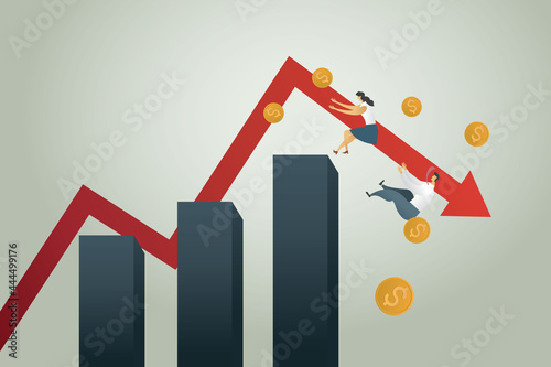 Bankruptcy business administration Businessman and Businesswoman falling from down arrow chart Coin spreads, recessions, crises and financial losses in the trading market. illustration vector