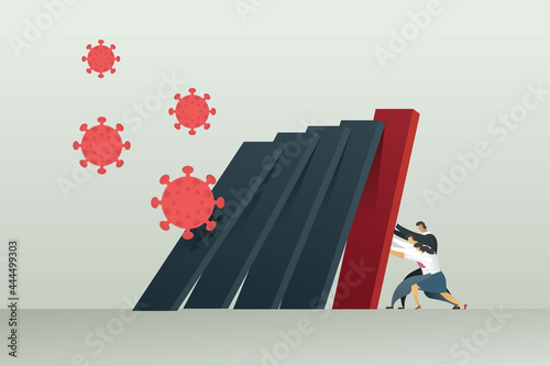 Businessmen against financial Crisis of the COVID-19 Coronavirus Pandemic Overcoming crisis with help of economic businessgroup from falling  economic collapse from pathogen. illustration Vector