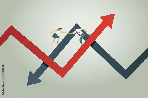 Concept teamwork businessman holding hands businesswoman to help from business losses, bankruptcy. From crisis to successful business. illustration vector