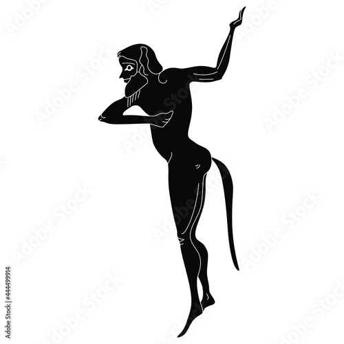Standing ancient Greek satyr or Silenus with raised arm. Vase painting style. Black and white negative silhouette.