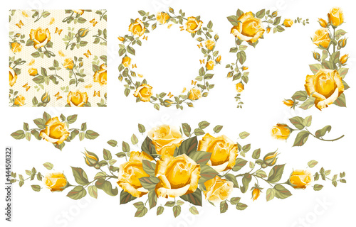 Set of vintage floral design elements with yellow roses, buds, leaves. Circle frame, seamless pattern, corner compositions, gorgeous vignette. Vector illustration.