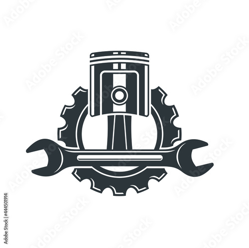 illustration of piston and wrench, icon for vehicle repair service 