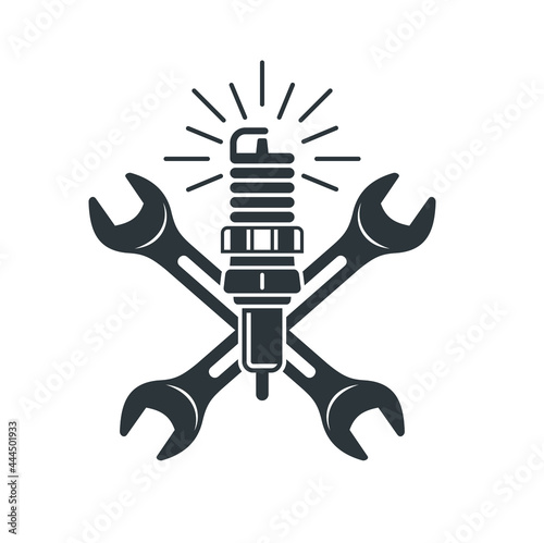 illustration of wrench and spark plug , icon for mechanic.