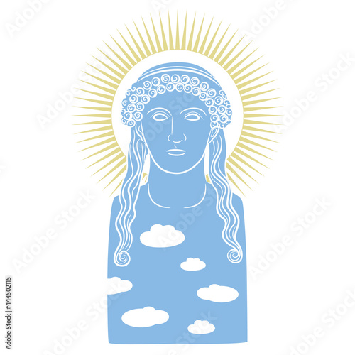 Antique goddess as sunny day with clouds in blue sky and solar nimbus. Creative concept. Female archetype. Mother nature. Hera or Juno.