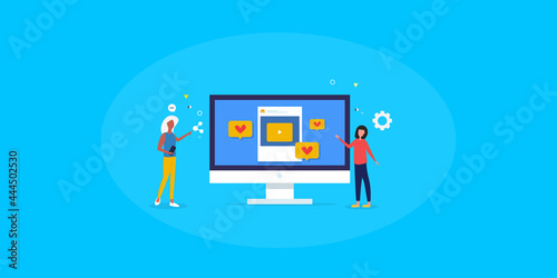 Social media sharing, women influencers sharing content on social network, engaging followers, reaching new audience , social media marketing concept, with female characters. Business communication.