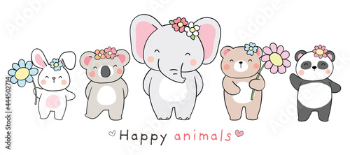Draw banner design happy animal for spring and Easter