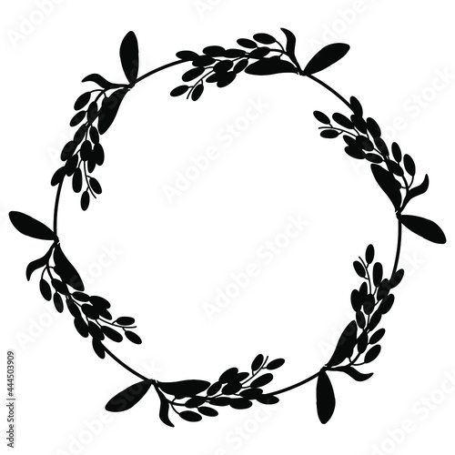 Round floral frame with branches of dogwood or barberry plant with berries. (Cornus or Berberis). Black silhouette on white background.
