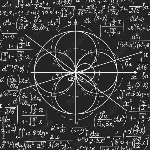 Scientific vector seamless pattern with spherical math figure, plots, equations, formulas and calculations
