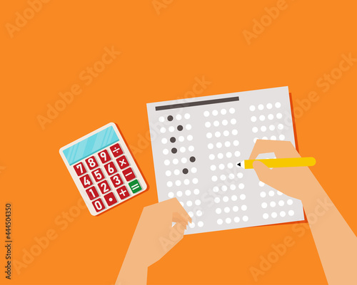 Answers sheet with yellow sharp pencil in hand and calculator. Top view of them. Take the exam timely concept.
