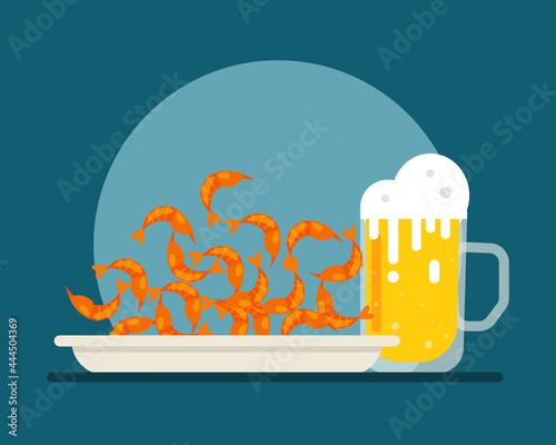 Fried and crispy small shrimp serving with glass of beer. Cartoon vector style for your design