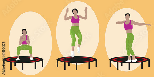 Set. A woman doing squats on a mini trampoline. High intensity trampoline training.
An active woman is engaged in fitness on a trampoline.
Young woman jumping on a trampoline. 