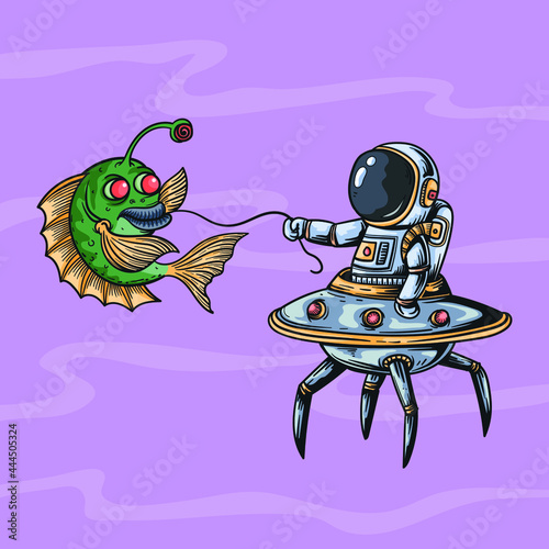 Cute astronaut flying with robot plane and monster fish in space cartoon
