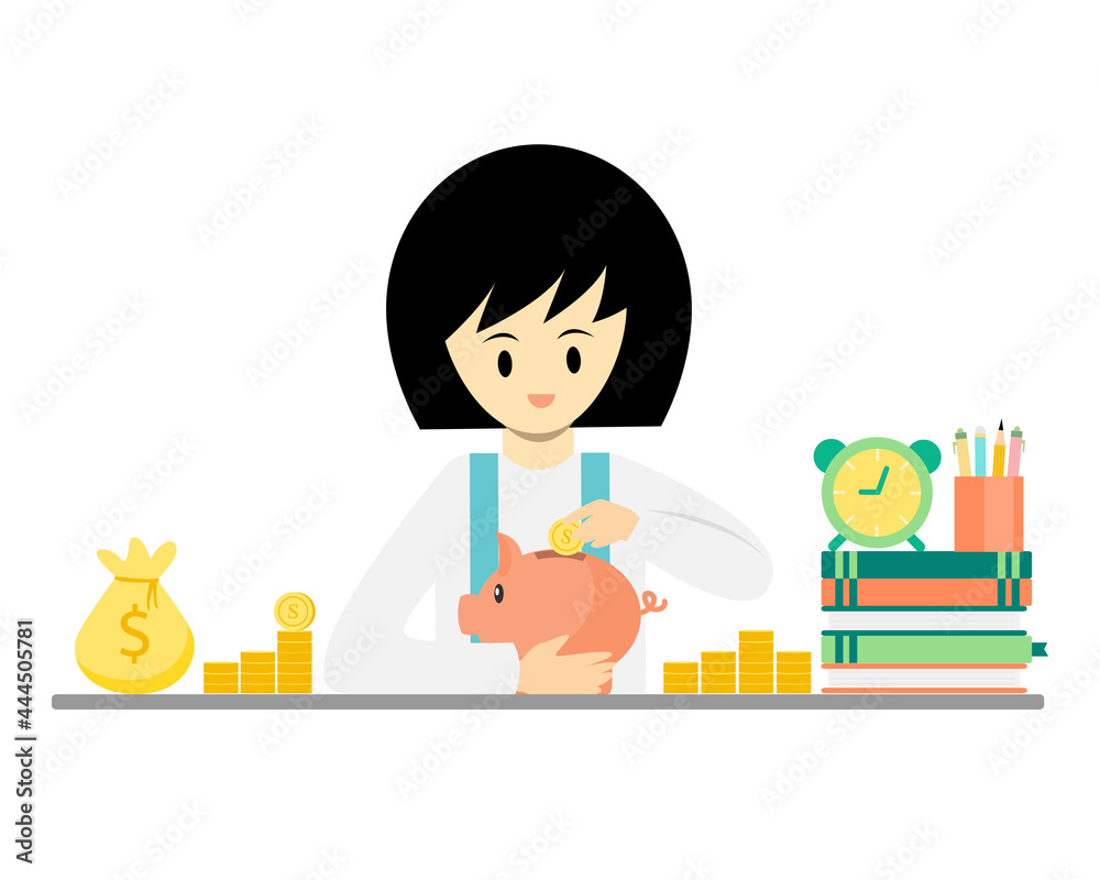 Little girl dropping coin into piggy bank. Kid saving money for her education cartoon vector Little girl dropping coin into piggy bank. Kid saving money for her education cartoon vector